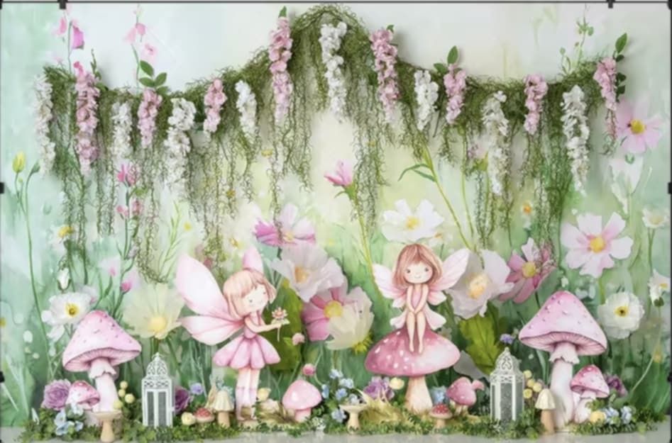 A whimsical woodland scene with pink mushrooms and hanging vines creates an enchanted forest backdrop for events.