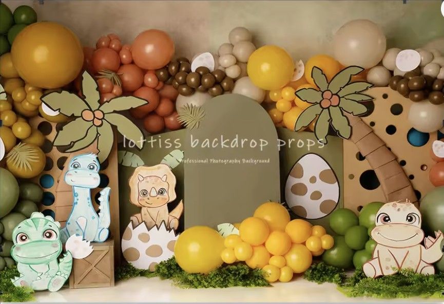 Woodland themed photo backdrop with brown and yellow balloons, flowers, animated animals, and decorative Easter egg elements.