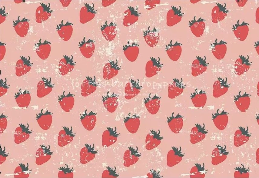 Sweet pink repeating strawberry pattern with hand-drawn style berries scattered on a light coral background.