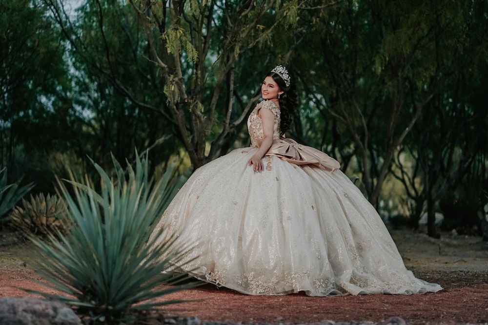 A quinceañera dress glows in the golden light amidst desert plants and trees at sunset.