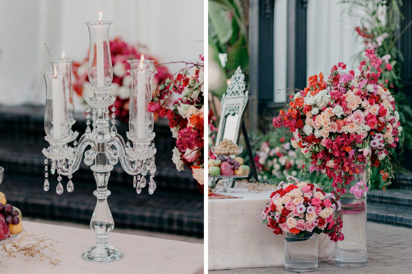 Crystal chandelier candelabra and pink floral arrangements create an elegant wedding reception tablescape.