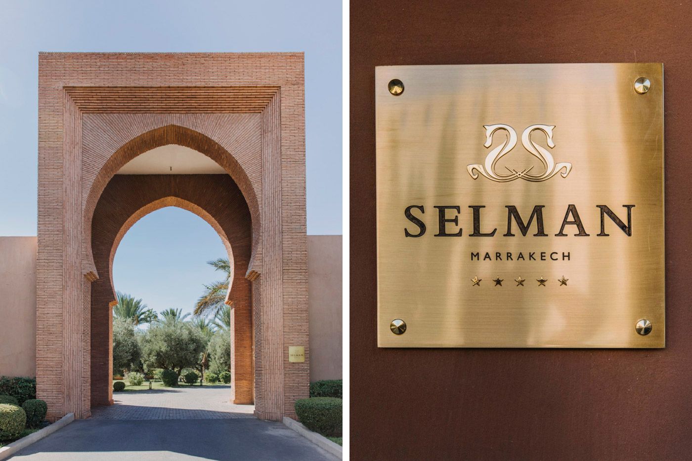 Architectural entrance archway at luxury resort with brass Selman hotel plaque mounted on brown wall.