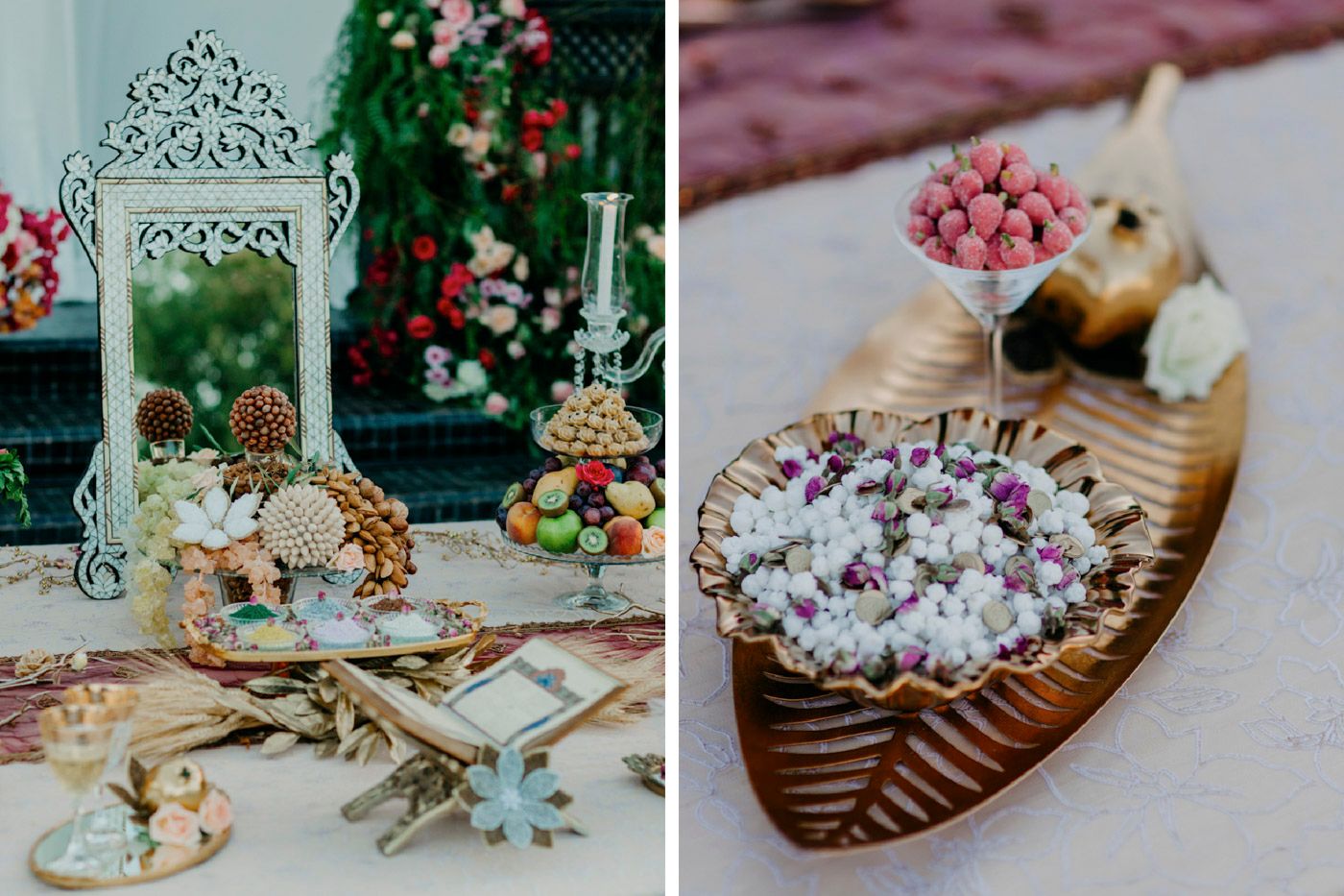 Elegant dessert table display with vintage decor and sweet treats arranged on ornate serving platters and wooden boards.