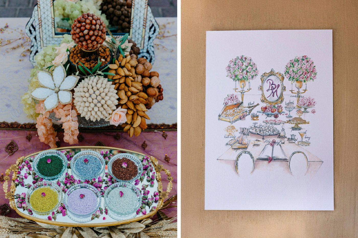 A colorful dessert platter with assorted sweets next to a whimsical illustration of flowers and characters at a table.