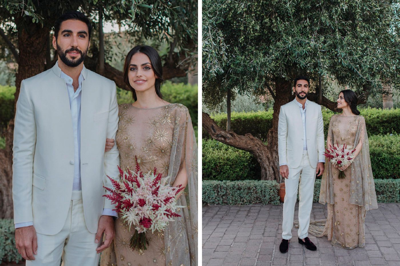 A couple poses outdoors in elegant attire with the person wearing an embroidered beige dress holding a pink bouquet.