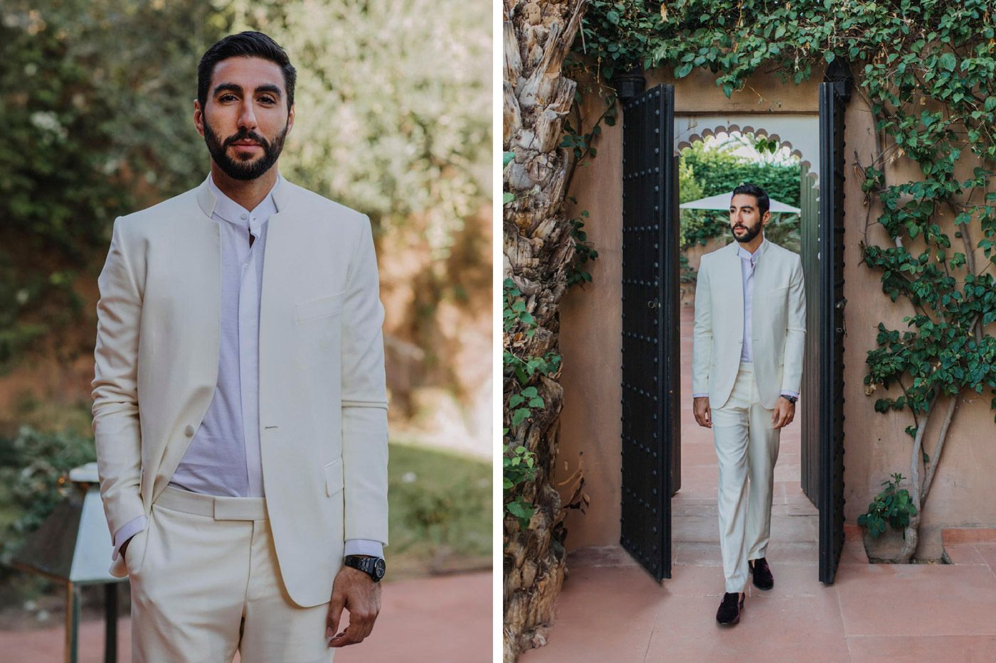 Modern wedding attire featuring a light colored suit and white shirt in two artistic outdoor portrait poses.