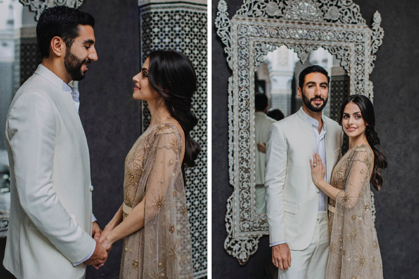 Two romantic wedding photos showing a couple in elegant white and beige attire posing against a dark textured wall with ornate decor.