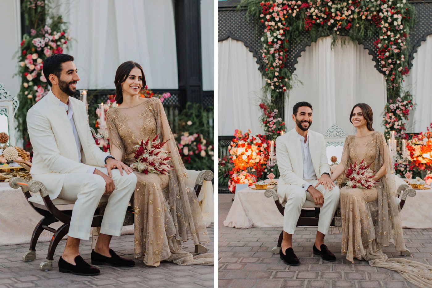 A couple sits together at an elegant outdoor wedding ceremony with floral arch and ambient lighting.