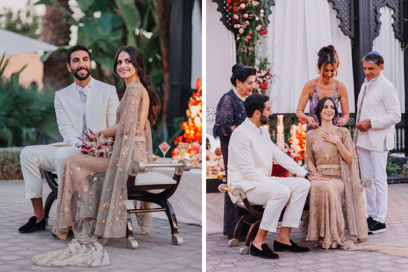 Outdoor event set with warm lighting and decorative details showing guests in elegant beige and white formal attire.