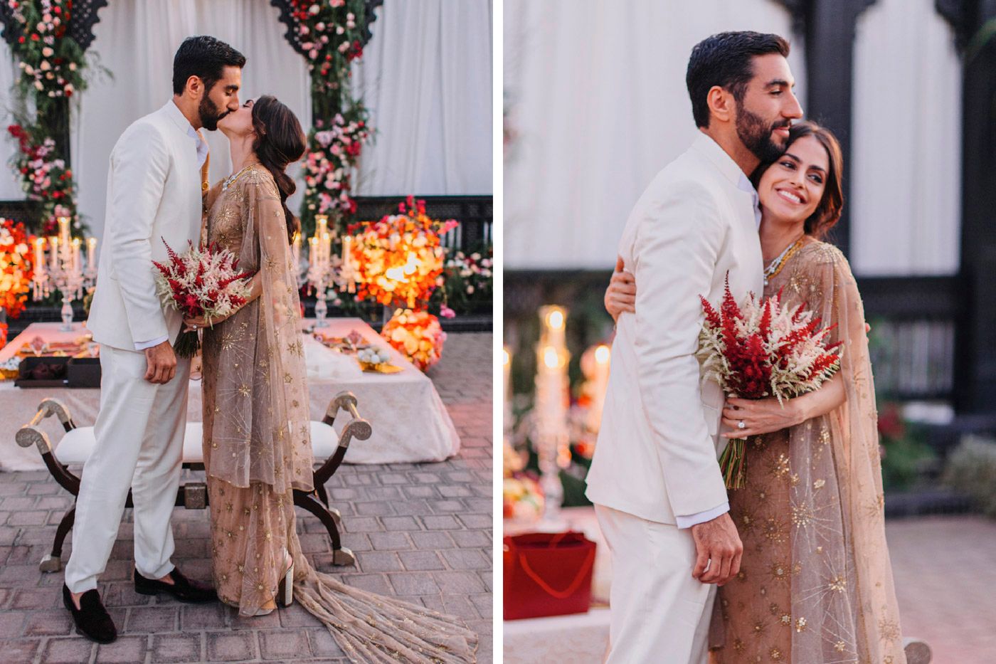Romantic wedding couple embracing in elegant attire with warm candlelight and floral decor.
