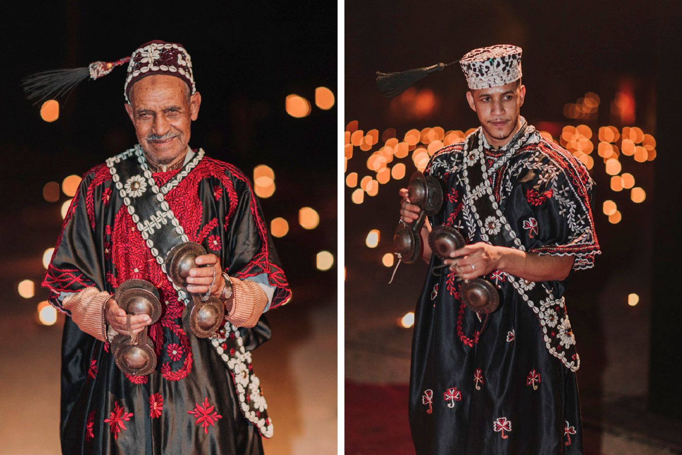 Two night portraits show a performer in decorative traditional North African garments with ornate patterns and bokeh lights.