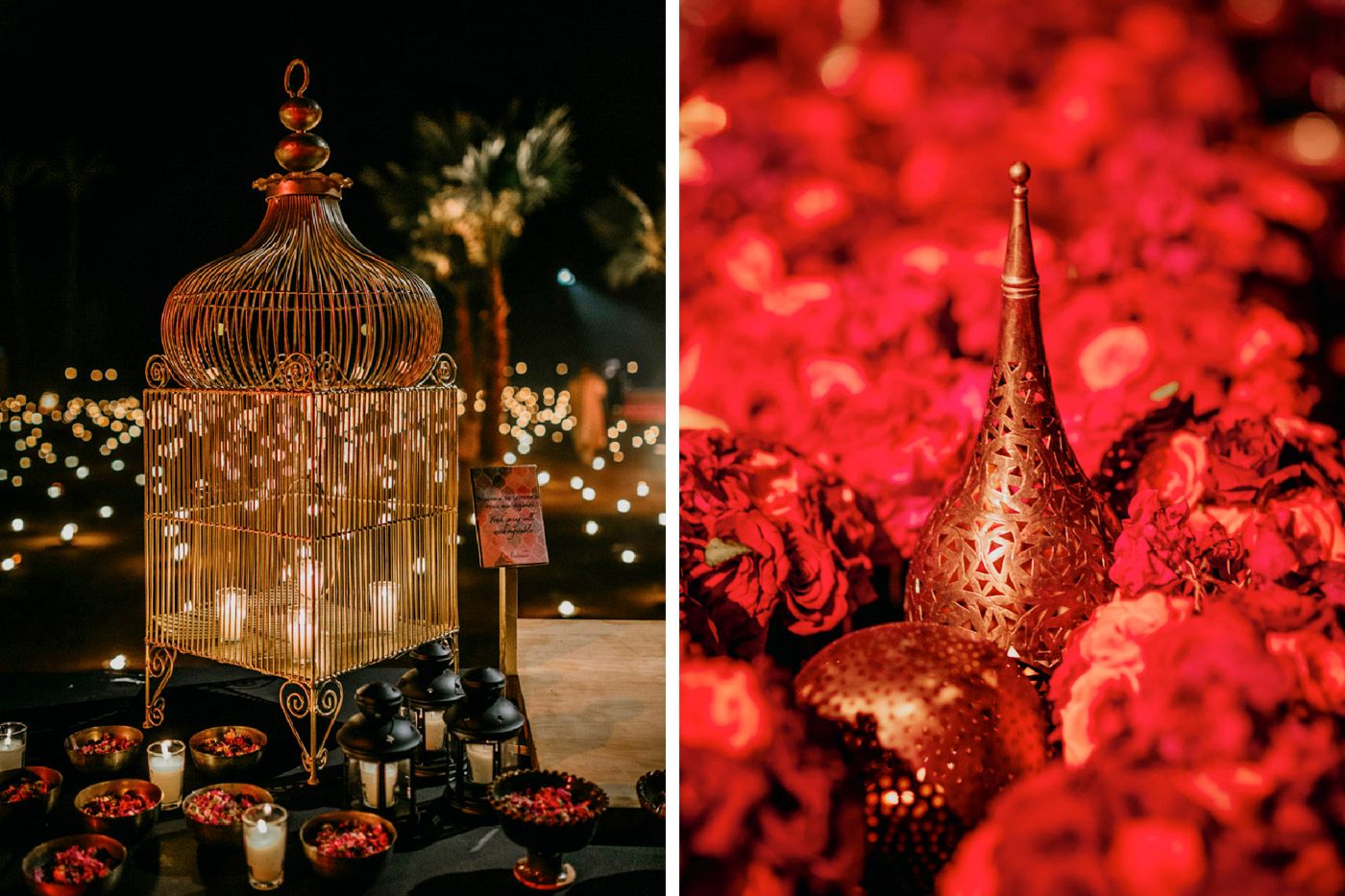 Ornate golden birdcage with glowing string lights next to pink decorative ornament against dark background with bokeh effect.