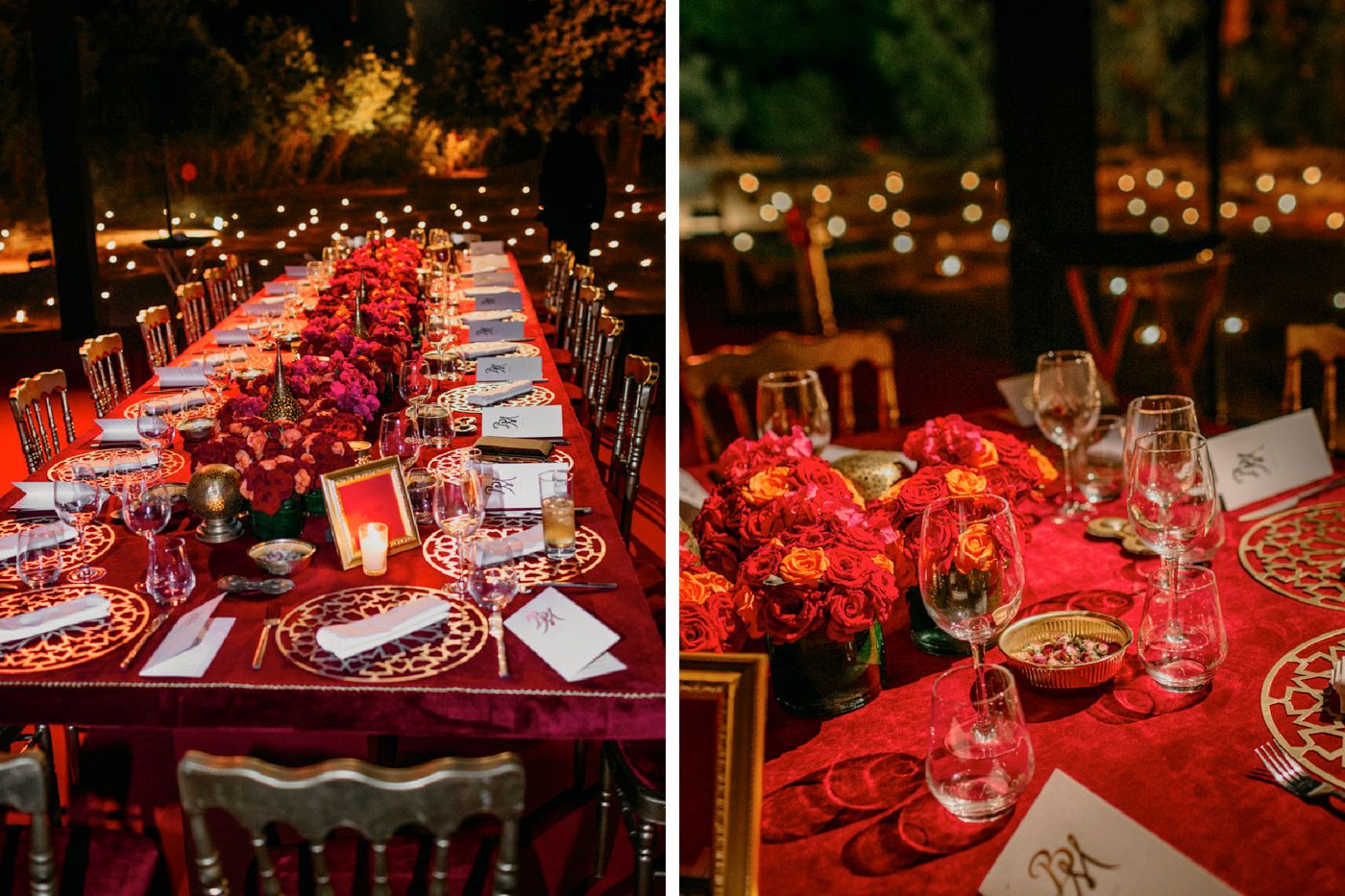 An elegant long dining table set with red flowers, candles and glassware for an upscale evening event.