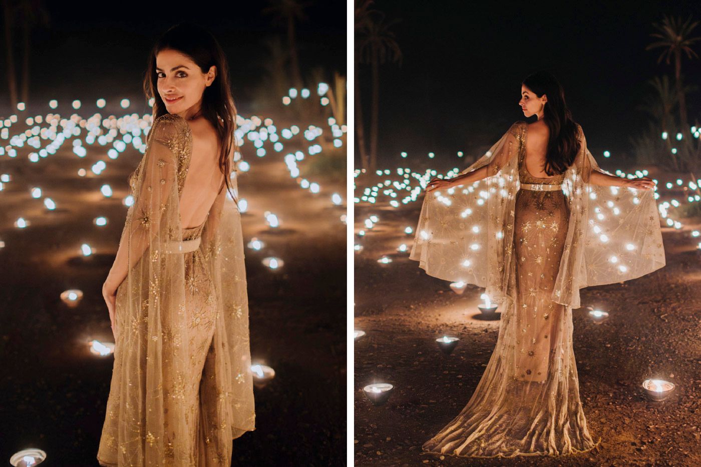 A figure wearing a golden sequin gown poses in a nighttime setting illuminated by glowing fairy lights on the ground.