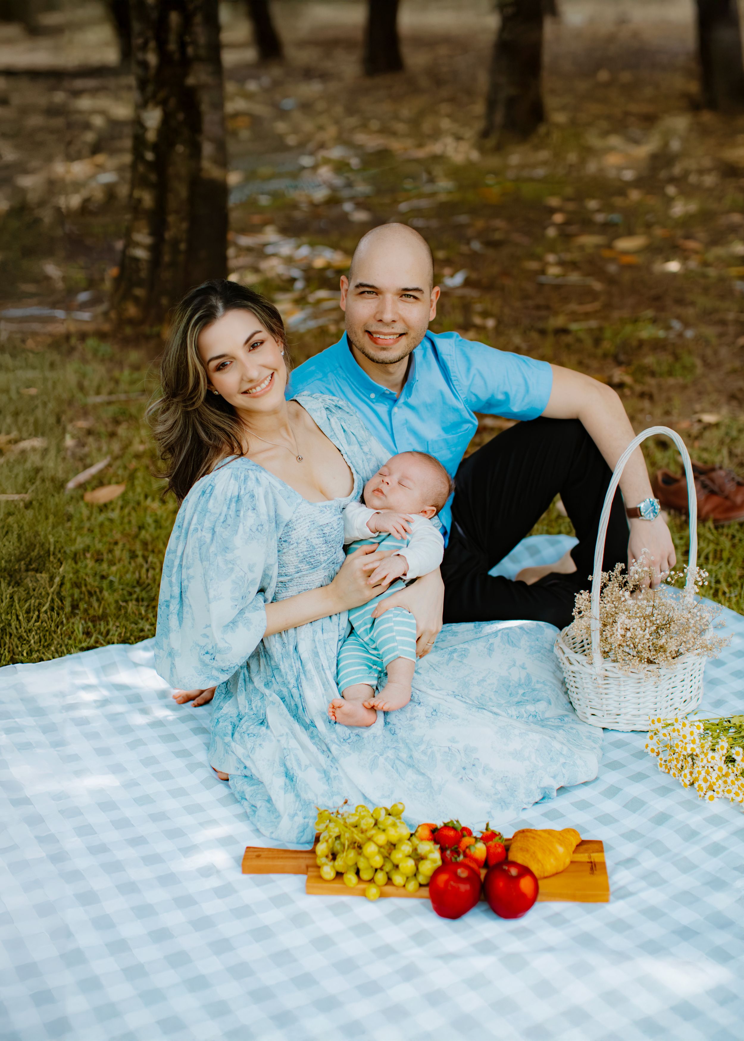 Family having a picnic outdoors with baby on blue checkered blanket with fresh fruit and basket.