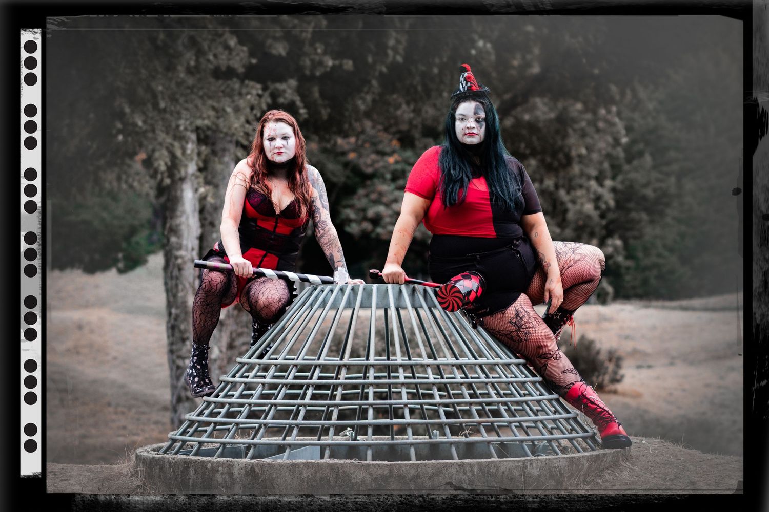 A sequence of photos showing a person in red and black climbing on a gray metal grid structure.