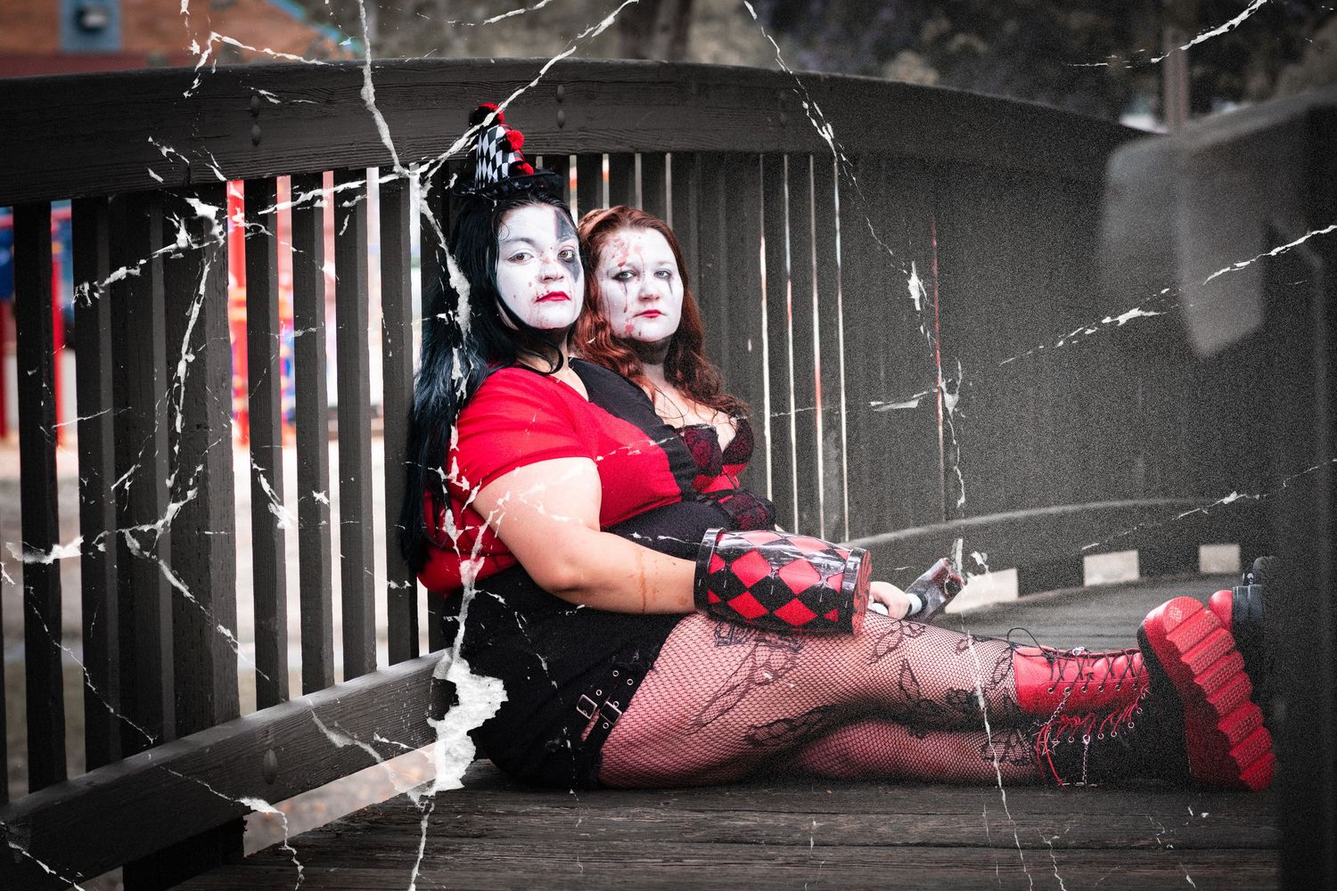 Three spooky black and white photographs showing someone in a red dress posing in an abandoned industrial space.