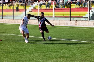 Two soccer players compete for ball possession during match on sunny field.