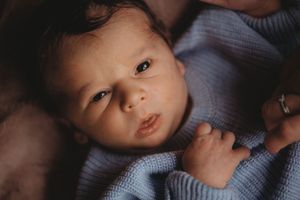 Close-up portrait of an alert newborn baby wearing a soft blue sweater.