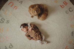 A sleeping newborn lying on an alphabet rug with a cat watching from above.