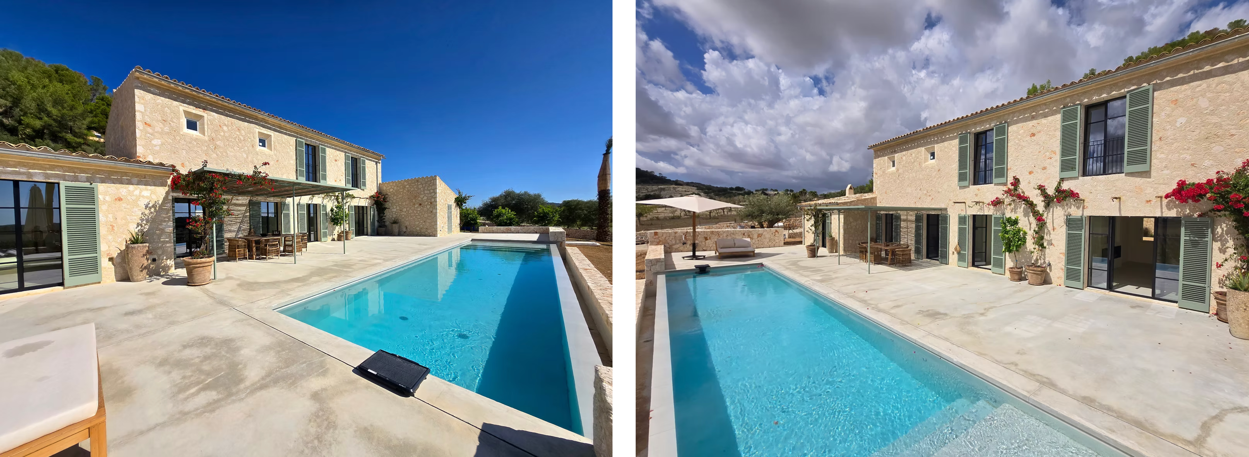 Panoramic view of a Mediterranean villa with swimming pool and terrace overlooking scenic mountain landscape.