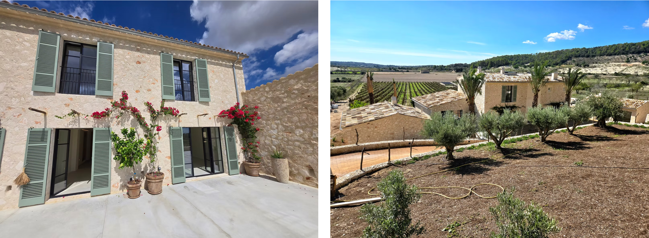 A scenic panoramic view of a modern desert property with mountains in the background and native landscaping.