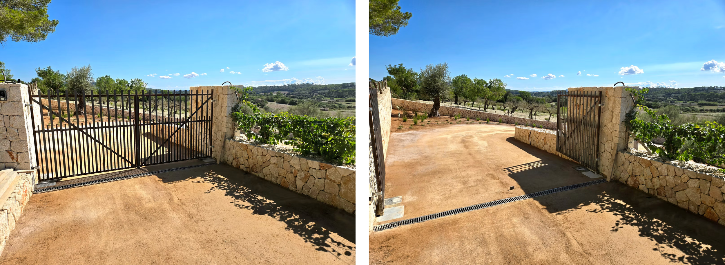 Panoramic sequence of a wooden deck with railing overlooking a scenic mountain landscape on a sunny day.