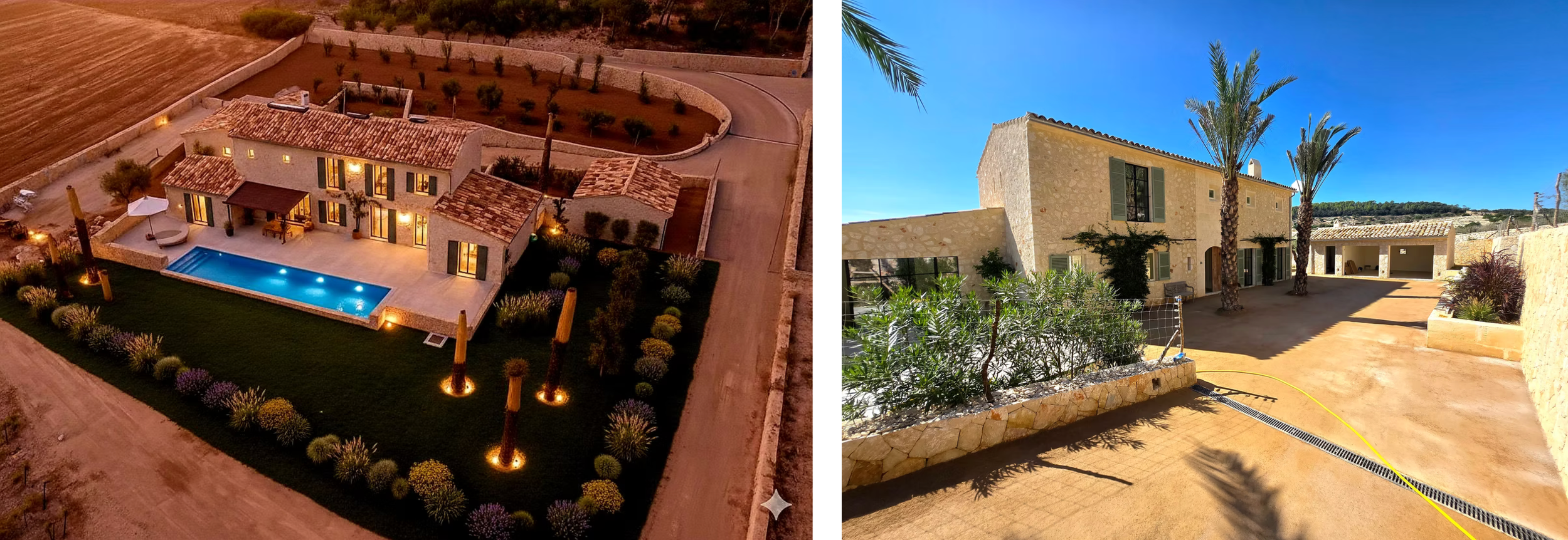 A collection of resort images showing outdoor patios, pools, and walkways under bright blue skies.