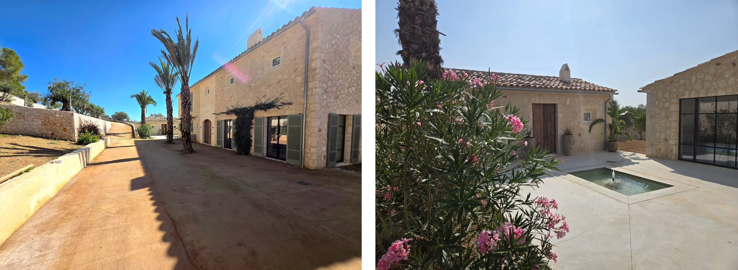 Desert landscaping surrounds a residential property with palm trees and Spanish-style architecture.