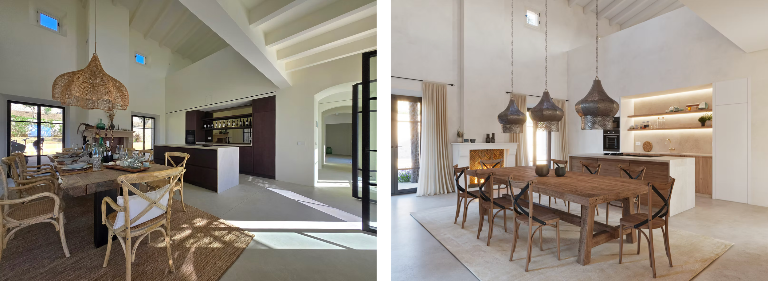 Modern open concept living space with pendant lights, wood furniture, and neutral tones throughout.