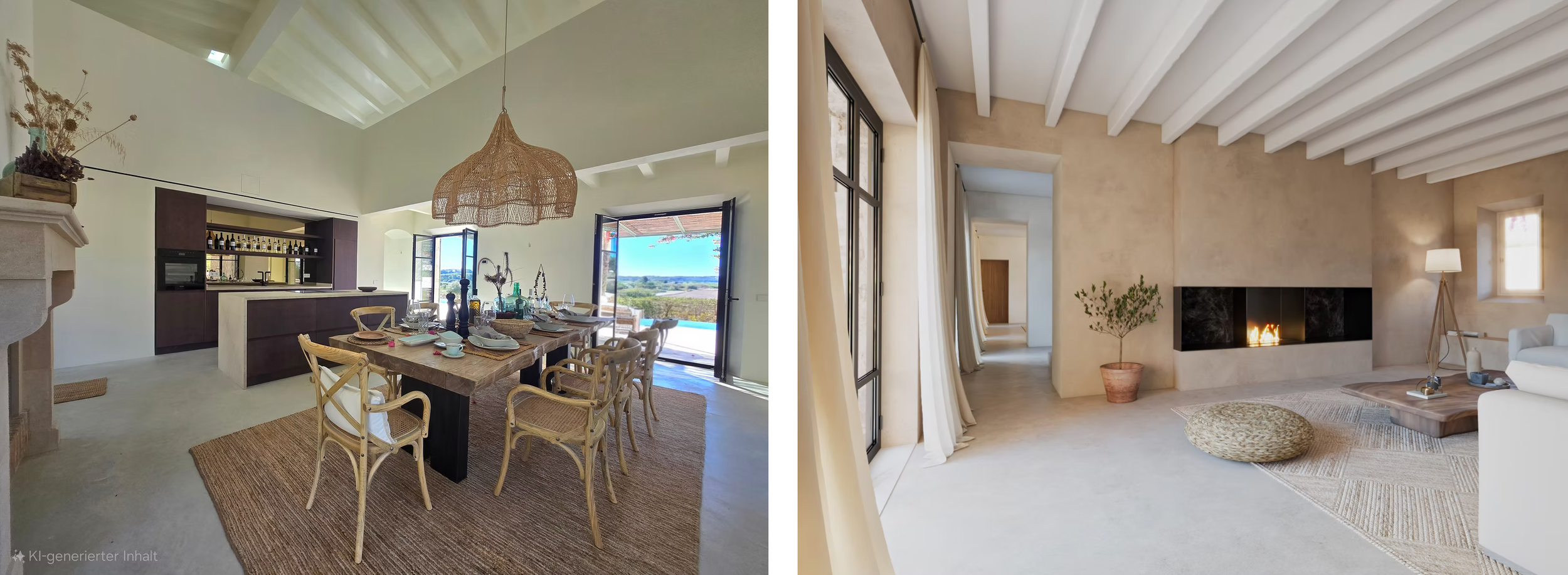 Modern open concept living space with wooden beams, neutral tones, and minimalist furnishings in a contemporary home design.
