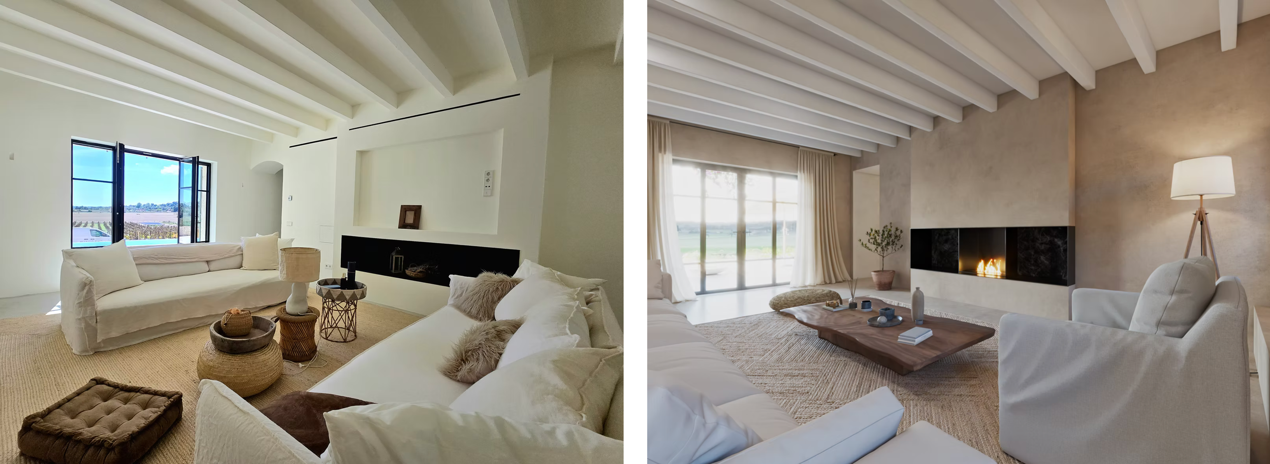 Modern luxury apartment interior with white walls, hardwood floors and natural light streaming through large windows.