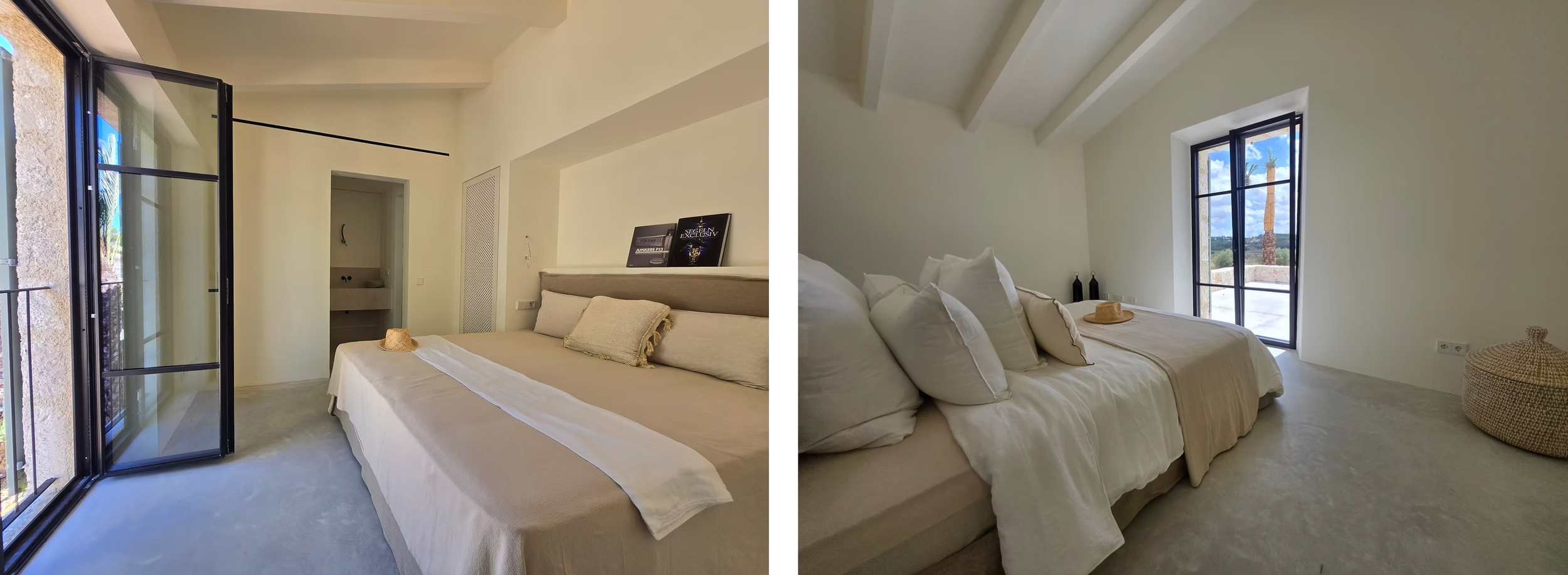 Modern bedroom interior with neutral tones featuring two views of a minimalist space with white bedding and large windows.