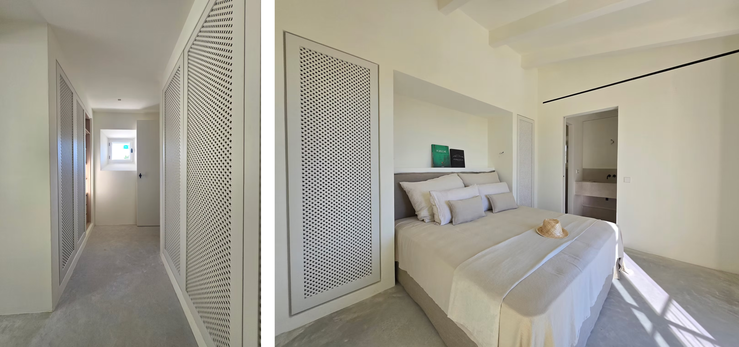 A collage of modern hallway interior shots showing white walls, doors, and minimalist design elements.