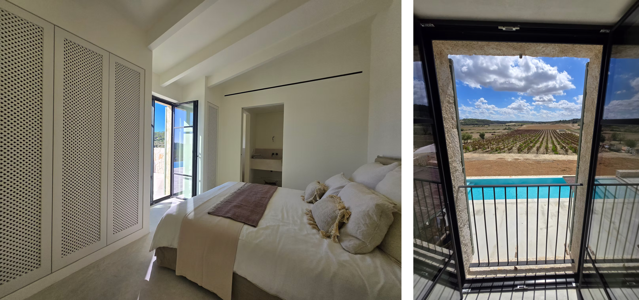 Collage of luxury vacation rental interiors and beach views showcasing modern amenities and coastal scenery.
