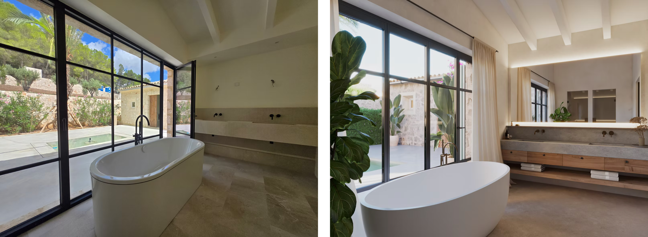 Modern luxury home interior with floor-to-ceiling windows, white walls and natural light flooding open living spaces.