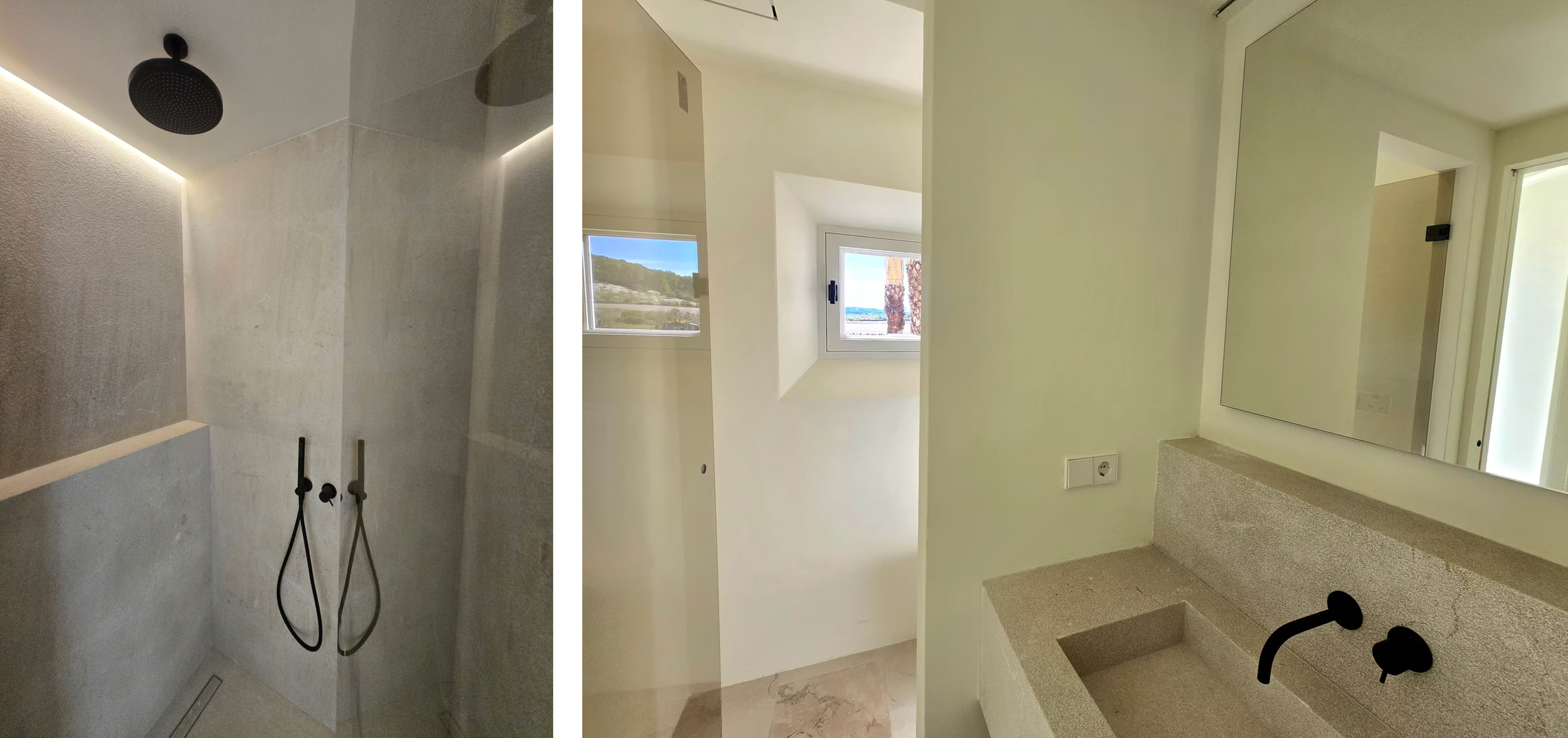 Modern bathroom interior with walk-in shower, white vanity, and matte black fixtures in a minimalist design.