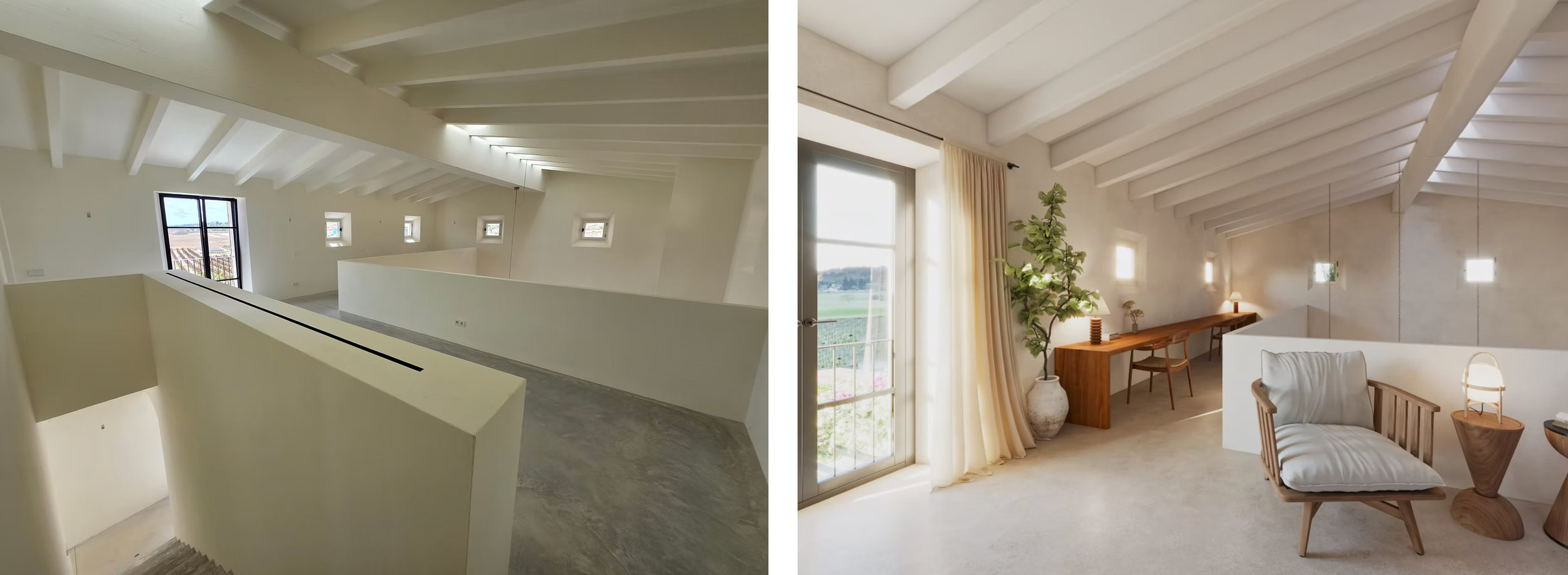 A collage of modern apartment interior photos showing bright white walls, wood floors, and minimalist design features.
