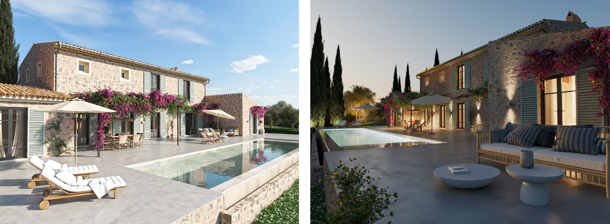 A scenic collage of luxury villa exteriors and pool areas showcasing Mediterranean architecture and coastal views.