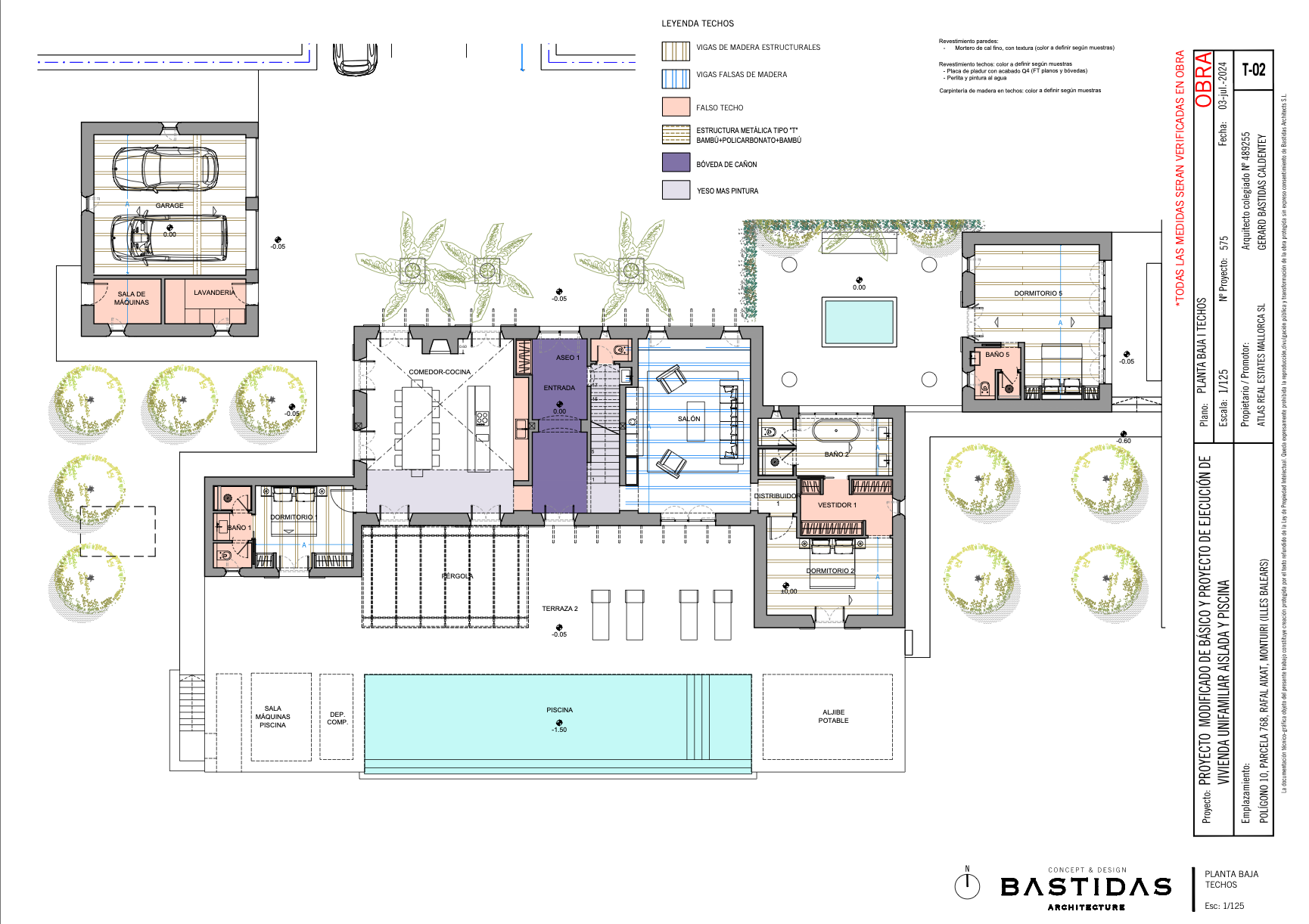 Detailed architectural floor plan and elevation drawings showing modern residential layout with pool and landscaping elements.