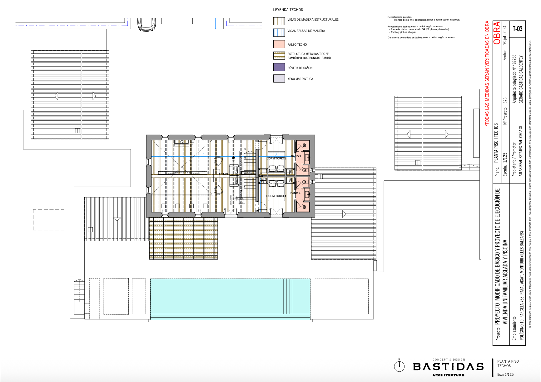 Architectural floor plan showing layout of rooms, swimming pool, and detailed measurements for a modern residential design.