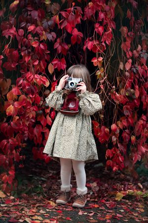 A small photographer in a floral dress takes pictures against a backdrop of vibrant red autumn foliage.