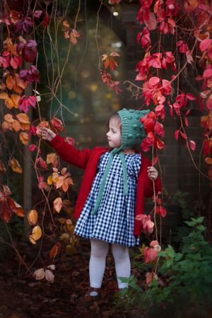 A small child wearing a red sweater and plaid dress explores colorful autumn foliage in a whimsical garden setting.