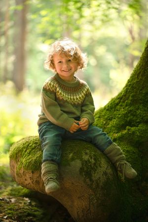 Small child wearing green Fair Isle sweater sits on mossy tree trunk in sunlit forest setting.