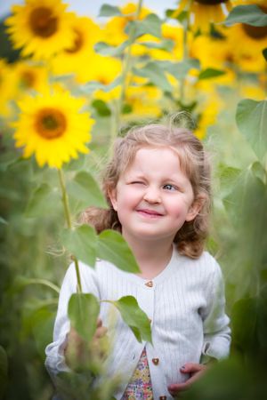 Cheerful youngster smiles while standing among tall blooming sunflowers in a garden.