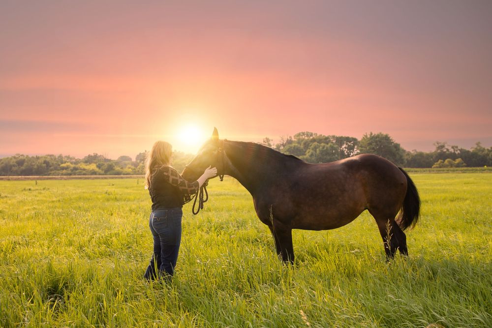 Senior girl with her favorite horse at sunset in Sioux City