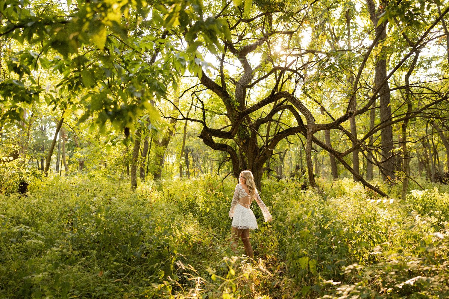 White dress flowing in enchanted forest with sunlight filtering through trees.