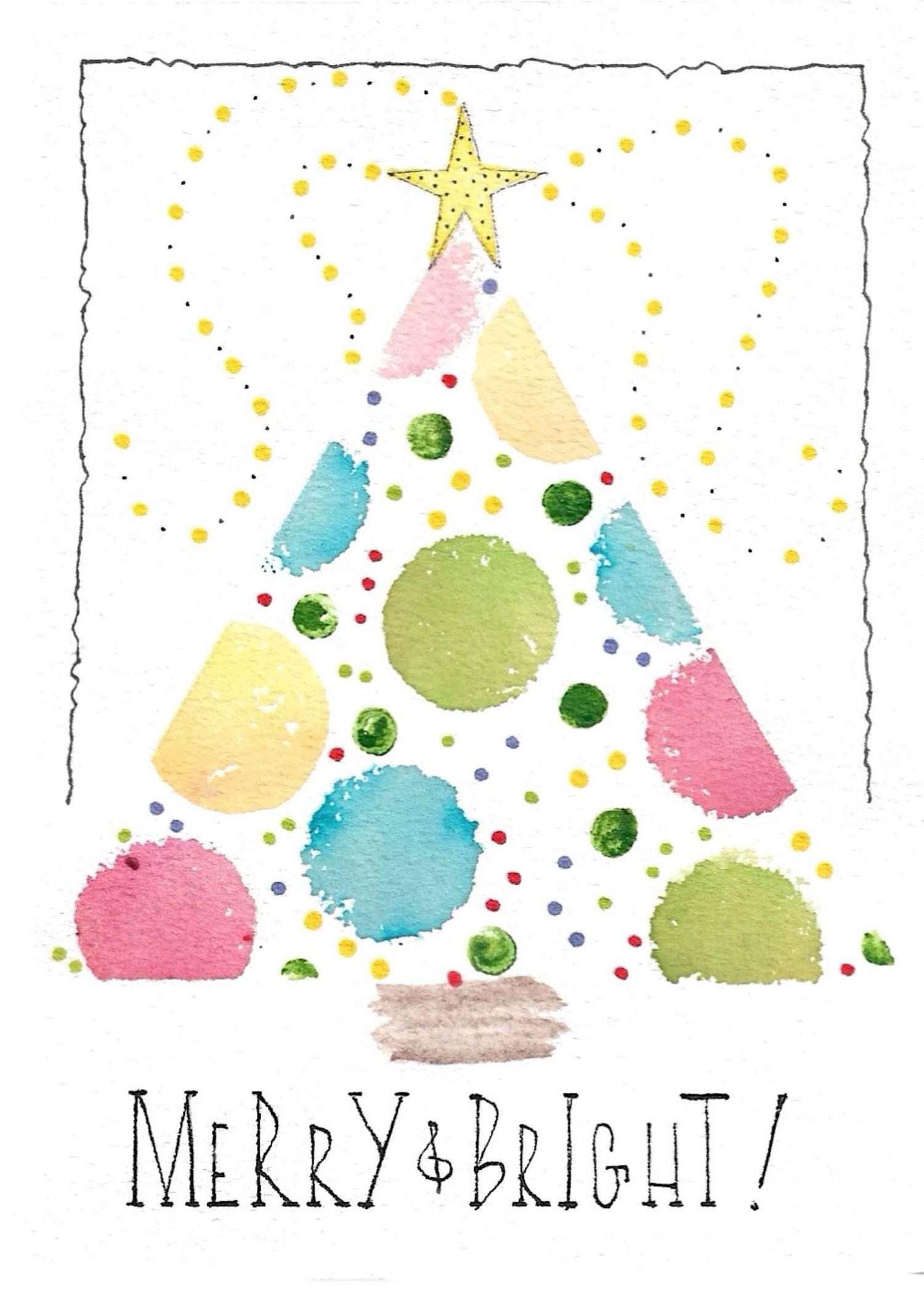 Abstract Christmas tree made of pastel watercolor dots and circles with text saying Merry & Bright.