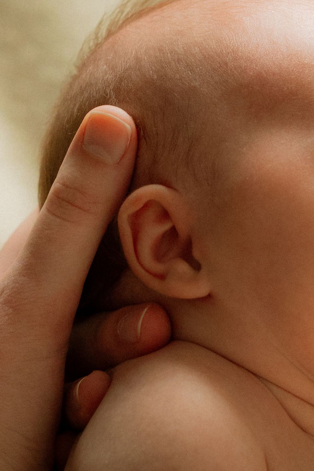 Close-up of a newborn baby's ear with an adult's hand gently cradling the infant's head.