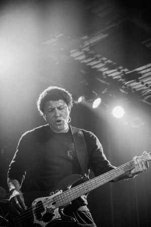 Black and white concert photo of a bass player performing under stage lights.